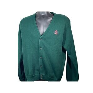 Izod Mens Vintage Cardigan Sweater Green Crest Logo Button Front M grandpa 90s‎